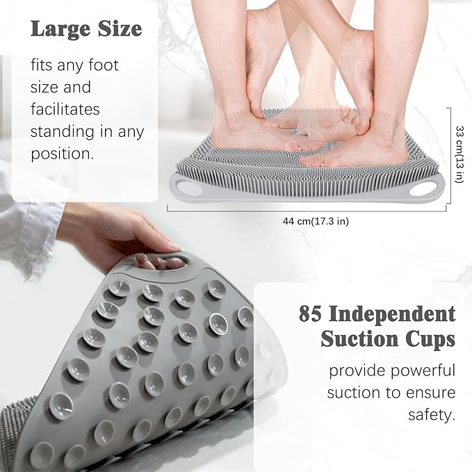 FREATECH Large Shower Foot Scrubber Mat, Silicone Foot Cleaner Brush to Clean, Exfoliate and Massage Feet Without Bending Over, Improve Foot Appearance and Overall Health, Grey - 17.3" x 13"