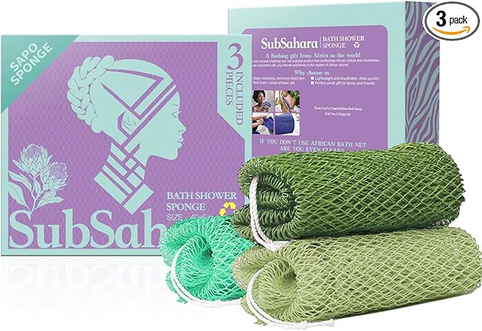 SubSahara Authentic African Net Sponge - 3 Pack Exfoliating Bath & Shower Loofah Sponge for Body & Face, Gentle Scrubber for All Skin Types, Travel, Durable