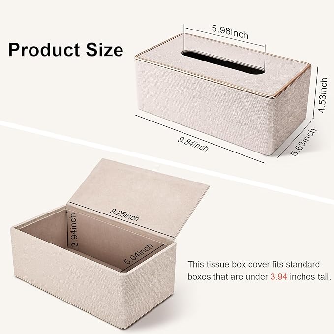 Tissue Box Cover, PU Leather Tissue Box Holder, Rectangular Tissue Box Covers for Kleenex, Napkin, Rectangle Tissue Holder for Bathroom Home Office 9.84"X5.23"X3.77" Beige