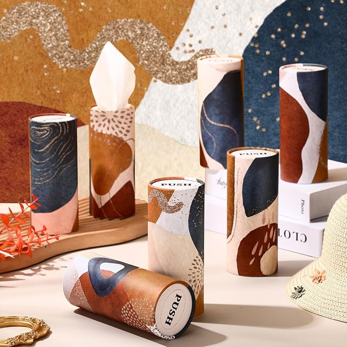 Outus 12 Pcs Boho Car Tissues Cylinder Holder with 3 Ply Facial Tissue Bulk Black White Round Tissue Holder Travel Tissues Boxes Container for Car Cup Wedding Birthday Party