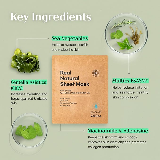 varuza] Real Natural Sheet Mask – EWG VERIFIED, Vegan Face Mask for Hydration, Non-GMO, No Artificial Fragrance, Made in Korea (10 PACK, BLUE AMPOULE)