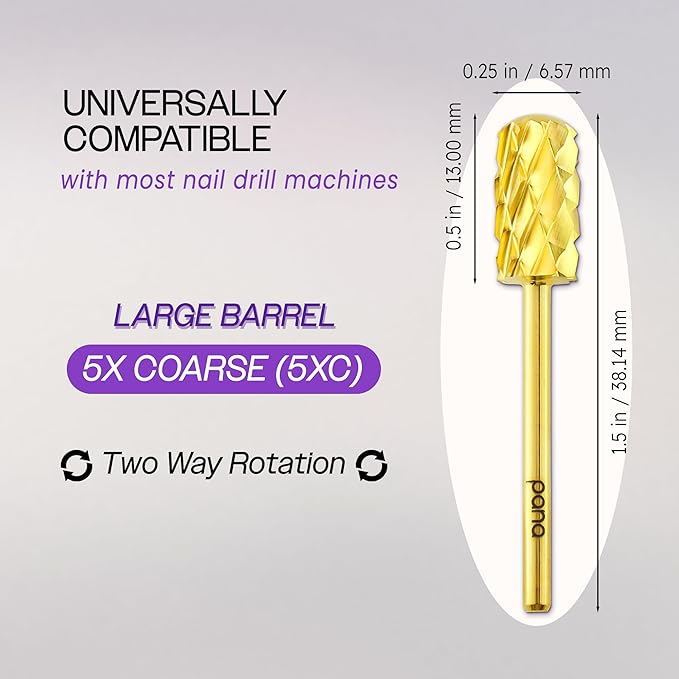 PANA 3/32" Large Smooth Round Top Safety Carbide Nail Drill Bit for Gel Polish & Acrylic Removal Nail Salon Manicure Pedicure Electric File Tools (Large Barrel - Gold, 5X Coarse)