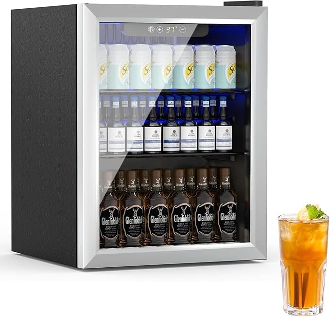 Compact Beverage Refrigerator, 1.7Cu.Ft/70 Can Mini Fridge with Glass Door and Digital Display, Small Drink Fridge with Adjustable Shelves for Soda, Beer, or Wine, Compact Fridge for Bedroom