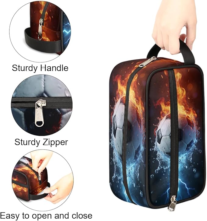 Fire Water Lightning Soccer Toiletry Bag for Men Women, Cosmetic Makeup Bag with Handle, Travel Shaving Kit Organizer, Waterproof Portable Wash Bag for Gym Vacation Camping Sports