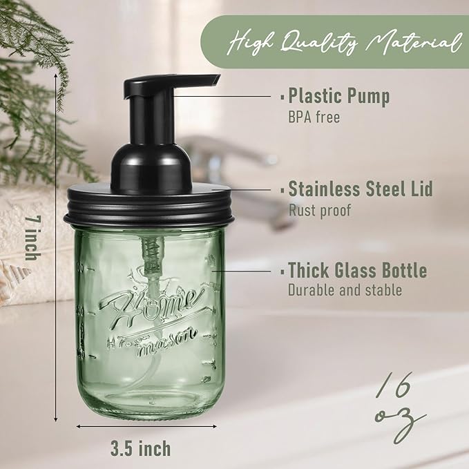 SheeChung Mason Jar Foaming Soap Dispenser, Stainless Steel Lid, BPA Free Pump, Green Glass Foam Hand Soap Dispenser, 16Oz Refillable Liquid Foam Dispenser Bottle for Bathroom Kitchen, Dish Soap-Black