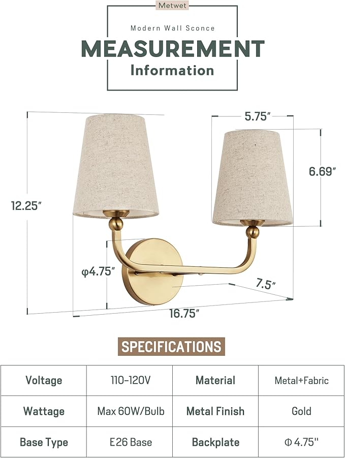 2-Light Bathroom Light Fixtures, Brushed Gold Vanity Lights, Double Wall Sconce with Brown Fabric Shade, Modern Sconces Wall Lighting for Hallway Bedroom Stairway, VL837-BG-L-2