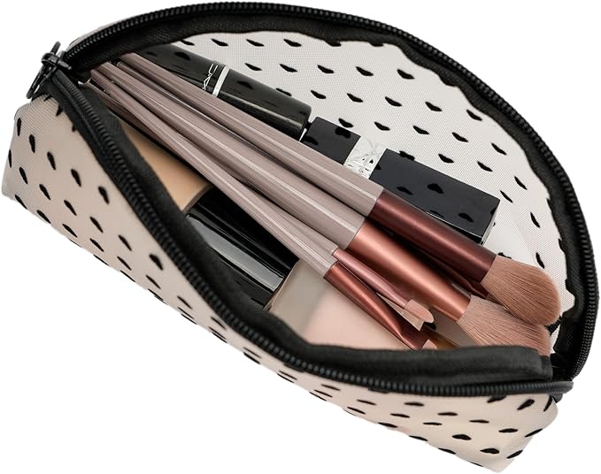 Portable Mesh Makeup Bag with Zipper Small Travel Toiletry Bag Lightweight Cosmetic Pouch (Beige&Black Heart Half Round)