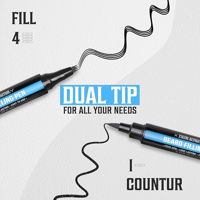 Viking Revolution Beard Pen (2 Pack) - Black Beard Pencil Filler for Men Lapiz para Barba de Hombre - Beard Filler for Men Waterproof Beard Filling Pen Kit - Long Lasting Beard Filler Pen with Brush