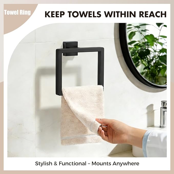 Bathroom Accessories Towel Bar Set: 20 Pieces Matte Black Bathroom Hardware Square SUS304 Stainless Steel - Wall Mounted Towel Rack&Toilet Paper Holder&Towel Ring and Towel Hook