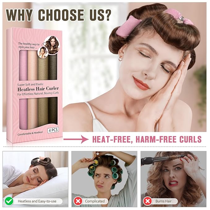 Heatless Curls Overnight, 4 Pcs No Heat Curling Blowout Rod, Satin Blowout Look Heatless Hair Rollers, Soft Flexi Rods for Big Curls to Sleep In (03 multicolored)