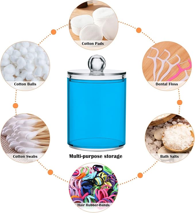 Sky Blue Qtip Holder Organizer Dispenser Cotton Swabs Cans Plastic Jars with Lid Set 4 Pack Bathroom Storage Canister for Cotton Ball Floss Cotton Pads