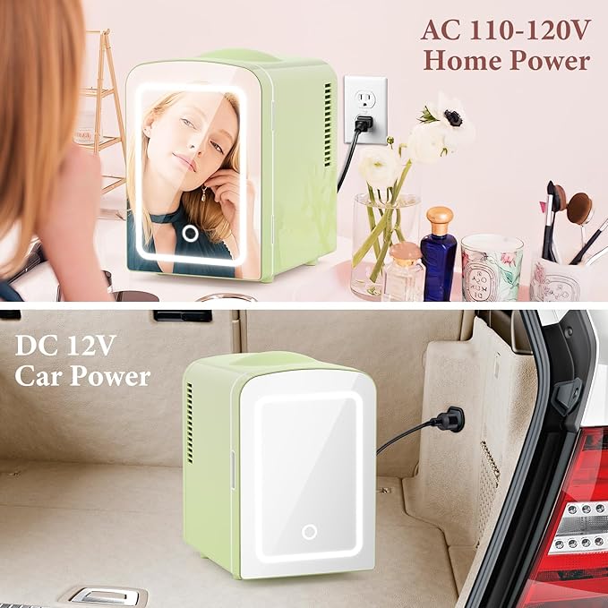 Xbeauty Skincare Mini Fridge With Dimmable LED Mirror, 4L Mini Makeup Refrigerator for SkinCare, Cosmetics, Food & Drinks, Portable Small Refrigerator for Bedroom, Dorm, Car, Office, Green