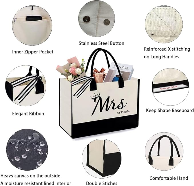 Mrs 2026 Bride Canvas Tote Bag, Gifts for Wedding BridalShower, mrs 2026 bag with Makeup Bag，Bachelorette Party, Bride to be Gifts, Miss to Mrs Bag,Christmas Personalized Bridesmaid Gift