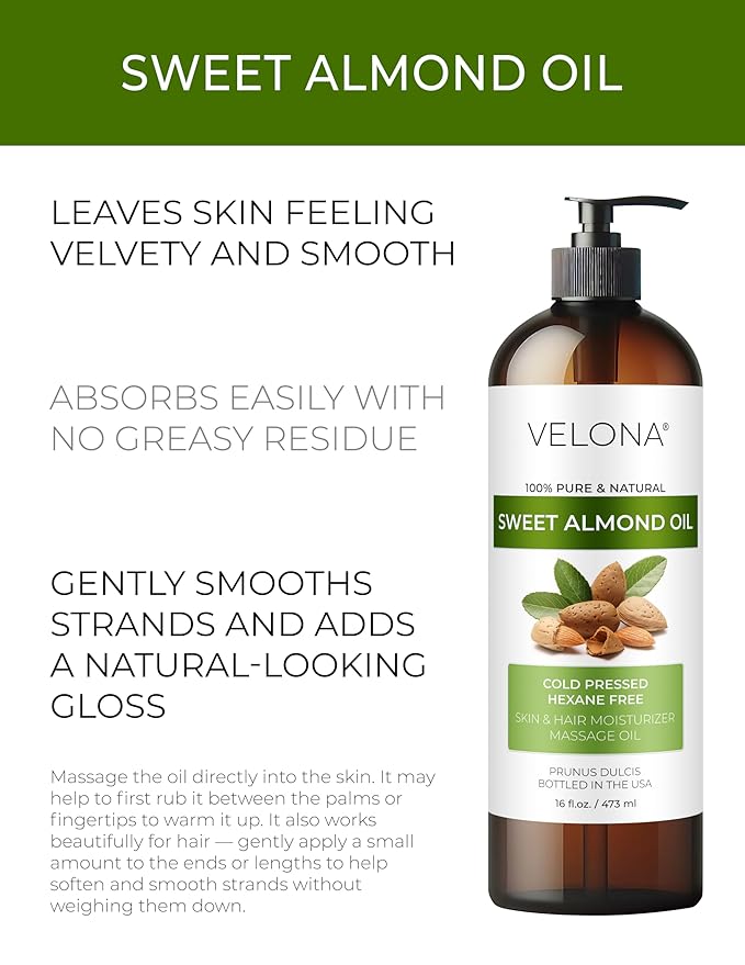 velona Sweet Almond Oil - 16 Fl Oz | 100% Pure and Natural Carrier Oil |Cold Pressed | Skin, Hair, Body & Face Moisturizing | Use Today - Enjoy Results…