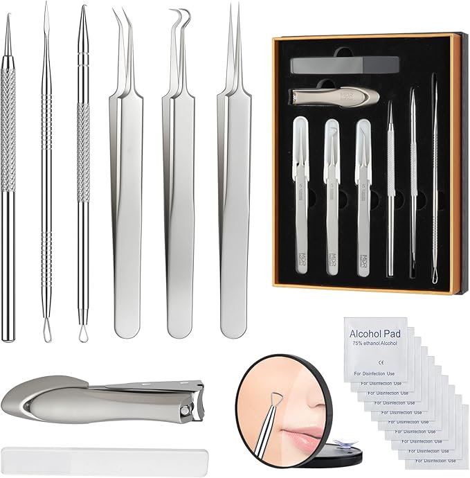 8 Pcs Titanium Alloy Pimple Popper Tool Kit, Pimple Extractor Comedone Extractor Tool, Blackhead Extractor Acne Tools for Face Blemish Whitehead Removal with 20 Alcohol Pads & 10x Magnifying Glass