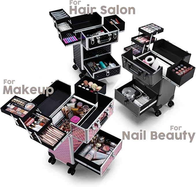 Hododou Rolling Makeup Case Cosmetic Travel Trolley Storage Sliding Drawer 4 Tray Makeup Travel Case with Wheels Salon Barber Case Traveling Cart Trunk for Cosmetologist Nail Tech Hairstylist Grey