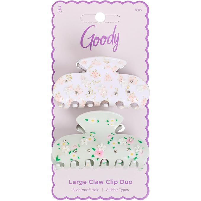 Goody SlideProof Large Claw Clips, Stylish, Secure Grip Hair Clips, Styling Accessories for All Occasions and All Hair Types, Gifts for Women & Girls, Floral Print, 2 Ct