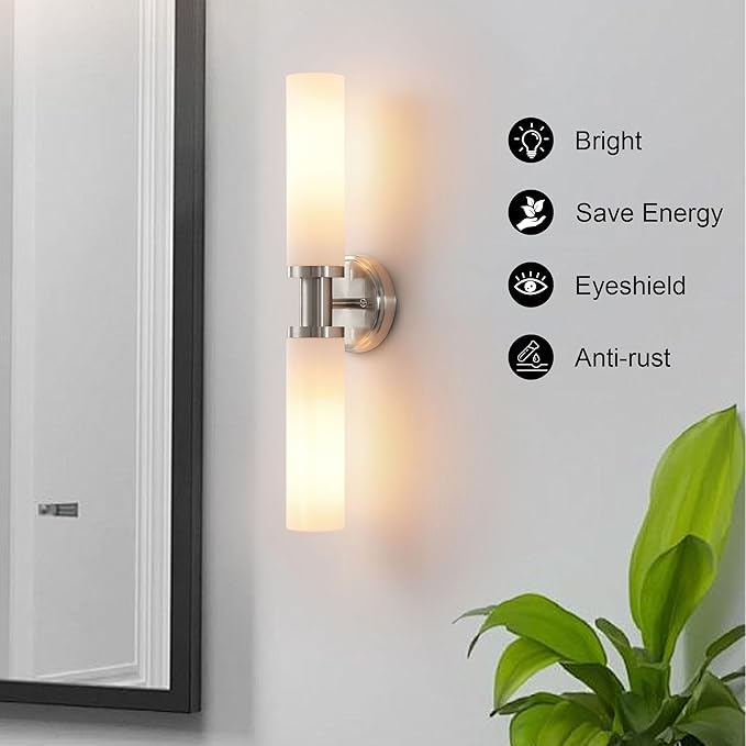 Wall Sconces Set of Two,Brushed Nickel Bathroom Sconces Wall Lighting with White Glass, Modern Sconces Wall Decor Set of 2 Wall Light fixtures for Bathroom Mirror Living Room Hallway Bedroom Wall Lamp