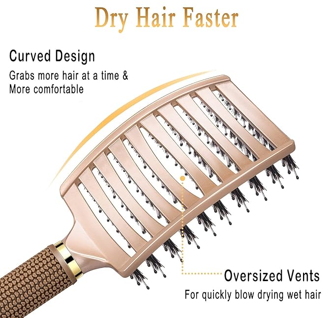 KTKUDY Detangling Brush Getting Knots Out without Pain - Boar & Nylon Bristles Hairbrush Make Hair Shiny & Healthier Vented Detangler Brush for Women Men Kids Wet and Dry Hair (Gold)