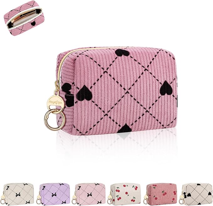 Mini Makeup Bag, Corduroy Small Cosmetic Bag for Purse with Ring Buckle, Travel Makeup Pouch for Lipsticks, Chapsticks, Coin, Earphone, Credit Card (Hearts-Pink)