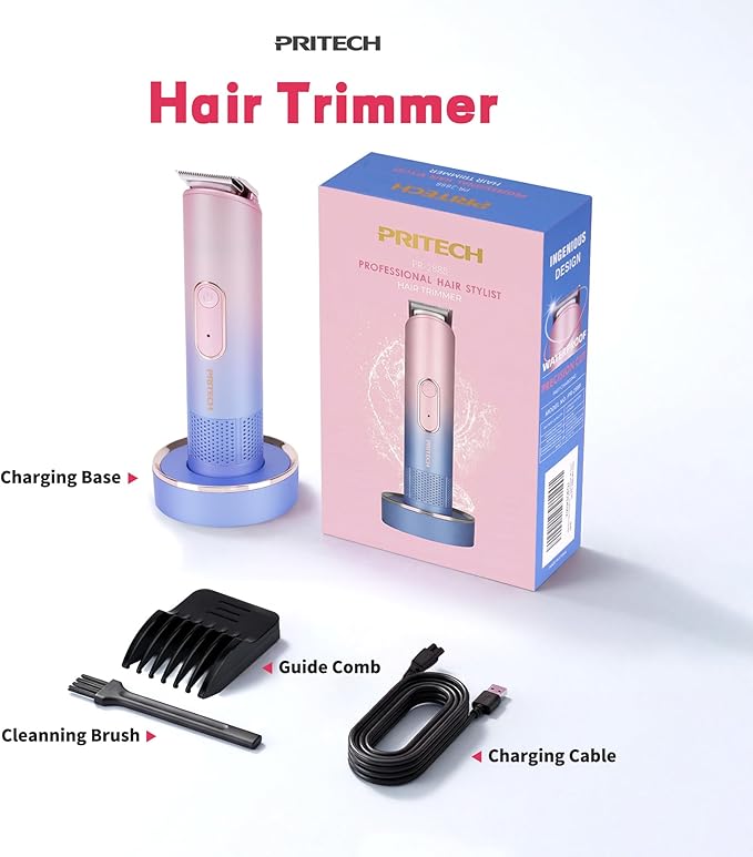 PRITECH Hair Trimmer for Women - Rechargeable Bikini Trimmer for Women Pubic Hair, Wet&Dry Use, Pain-Free Electric Razor&Shaver with Standing Recharge Dock, Ideal Gift, Pink Blue