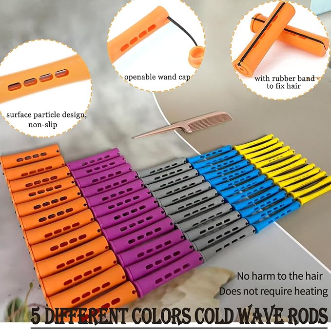 72pcs Perm Rods Set for Natural Hair - Plastic Cold Wave Rods Hair Rollers Curling Rod for Women DIY Hairdressing Tools（Orange+Purple+Gray+Blue+Yellow）