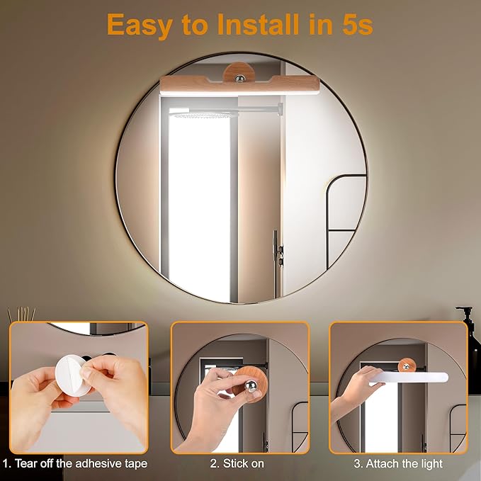 Vanity Light for Mirror with 4000mAh Rechargeable Battery, Touch Control Dimmable Makeup Light with 3 Color Modes, Magnetic 360° Adjustable LED Bathroom Mirror Light, Light Wood