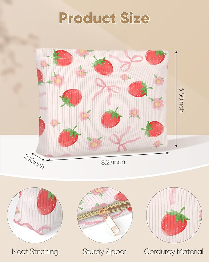 Cute Pink Bows Makeup Pouch for Women Small Make Up Bag for Purse Zipper Initial Makeup Cosmetic Bags Pouches for Purse Aesthetic Travel Toiletry Bags Gift, Red Strawberry
