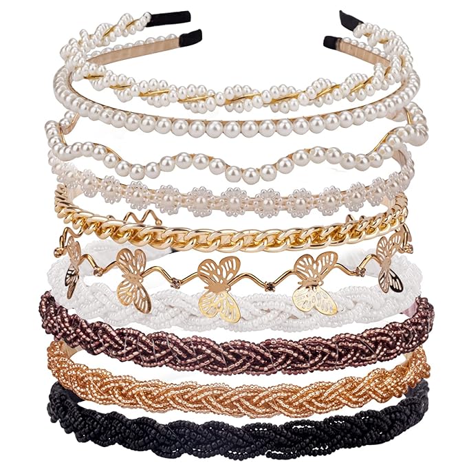 LYroo Cute Pearl Headbands Beaded Headband Metal Head Bands No Slip Fashion Hair Accessories for Women Girls,10 Pack