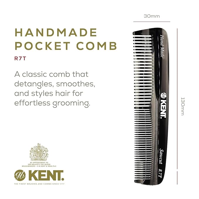Kent R7T Fine and Wide Tooth Hair Comb, Handmade Pocket Comb for Men, Best Beard and Mustache Comb for Everyday Grooming and Styling, Sawcut, Made in England
