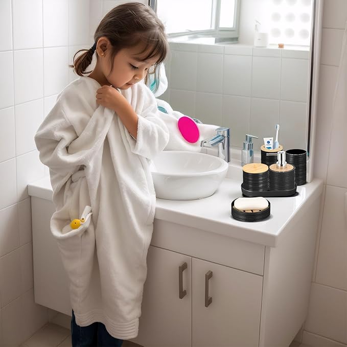 IMAVO Bathroom Accessory Set-11Pcs Black Bathroom Accessories Set with Trash Can,Soap Dispenser,Soap Dish,Toothbrush Holder,Toothbrush Cup,Toilet Brush Holder,Qtip Holder Dispenser with Labels