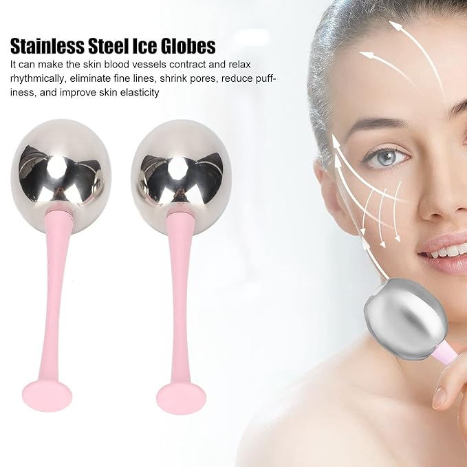 Facial Ice Globes for Face and Eyes, Stainless Steel Ice Roller Facial Massage Tool for Puffiness Dark Circles, Cooling Face Roller Skin Care Beauty Tools (Pink Handle)