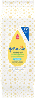 Johnson's Baby Head-to-Toe Gentle Cleansing Cloths, No Rinse, Disposable Pre-Moistened Baby Bath Wipes, Hypoallergenic Newborn Essentials, Head-to-toe Wipes, Paraben-Free 15 ct
