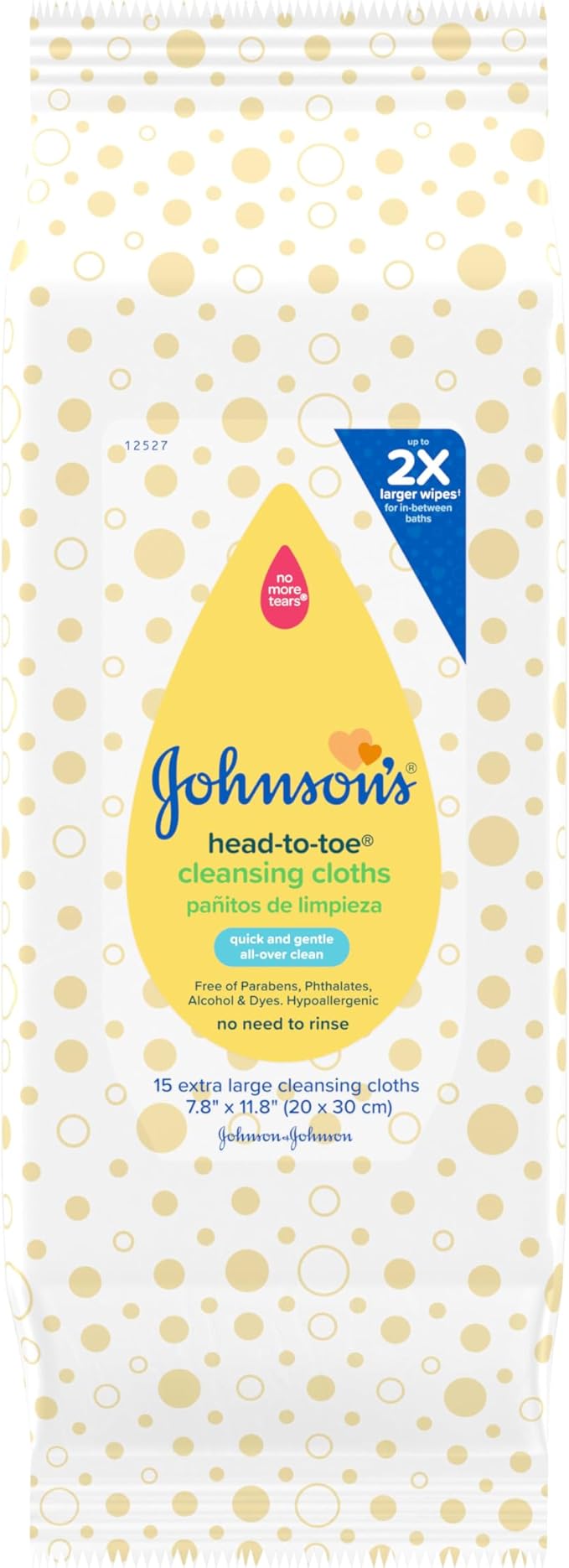 Johnson's Baby Head-to-Toe Gentle Cleansing Cloths, No Rinse, Disposable Pre-Moistened Baby Bath Wipes, Hypoallergenic Newborn Essentials, Head-to-toe Wipes, Paraben-Free 15 ct