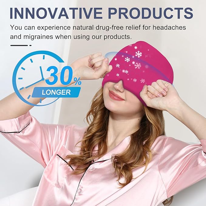 EXQUISLIFE Migraine Headache Relief Cap, Gel Ice Head Wrap, Hot and Cold Therapy, Headache Eyes Mask for Sinus, Puffy Eyes, Tension and Stress Relief (Hot Pink)