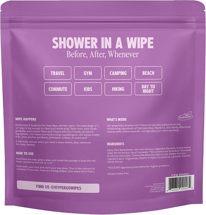 HyperGo XL Single Body Wipes for Women & Men – 12" x12" Rinse-Free Full Body Cleansing 30 Count Pack - Lavender | Biodegradable, Hypoallergenic, Aloe-Infused | Gym, Festival, Camping Essentials