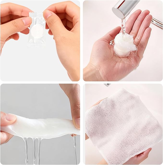 50 PCS Compressed Towel, Disposable Compressed Towel Tablets,Individually Packed,Coin-Sized Face Towels for Travel, Camping and Outdoor Sports