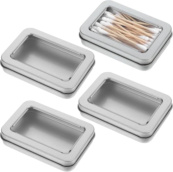 4Pcs Travel Cotton Swab Holder, Portable Floss Pick Holder, Metal Cotton Ball Holders for Dental Floss, Clear Dustproof Travel Qtips Case with Lid, Hair Ties Small Items