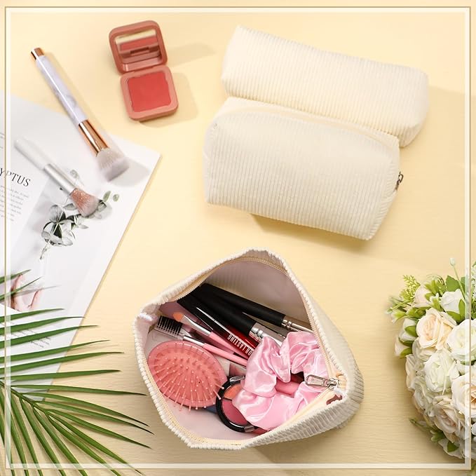 3 Pcs Makeup Bag Set for Women Corduroy Cosmetic Pouch Aesthetic Smile Travel Toiletry Bag Cute Purse Pouch Pencil Case Makeup Brushes Storage Organizer with Zipper(White,Solid Style)