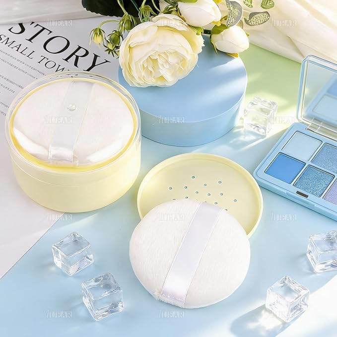 AUEAR, 2 Pcs After-Bath Empty Body Powder Container Puff Box with Sifter for Home and Travel (Yellow, 3.43" x 2.36")