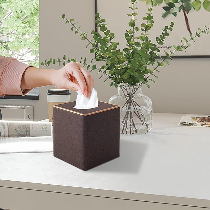 Linen Square Tissue Box Cover,Cube Tissue Box Holder－Excellent Rosegold Leather Decoration,Table Napkin Case Dispenser,Facial Tissues Organizer with Magnetic Bottom for Home Office Car(Coffee)