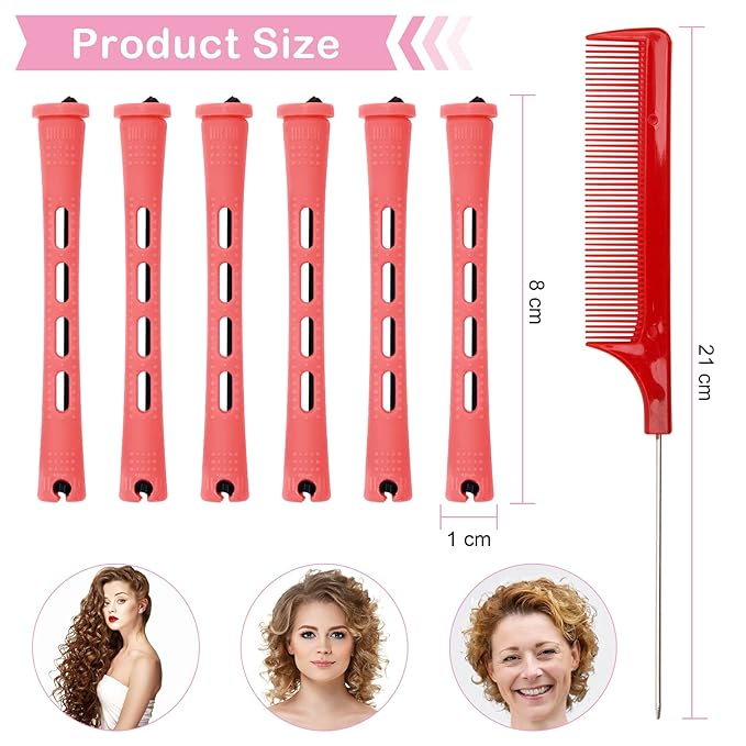 Coolrunner 60PCS Hair Perm Rods Set, Plastic Curler Perm Rods with Steel Pintail Comb, DIY Hair Curler Styling Tools for Hairdressing Hair (0.9cm, Blue, 0.9CM) (Red)