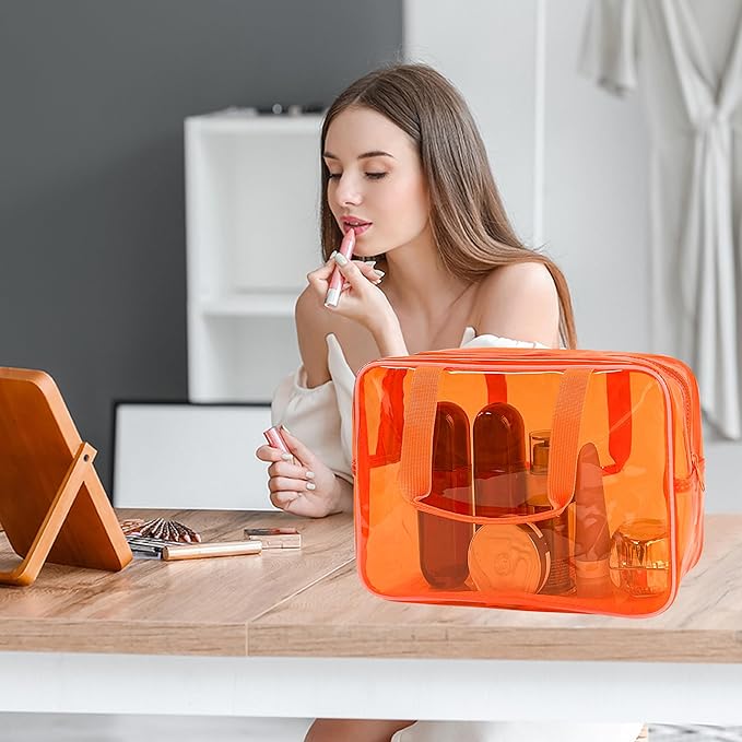 PVC Clear Pure Color Transparent Large Zipper Cosmetic Pouch Travel Makeup Cosmetic Bag with Handle for Travel Bathroom Toiletry Organizer (A23014-101-2)