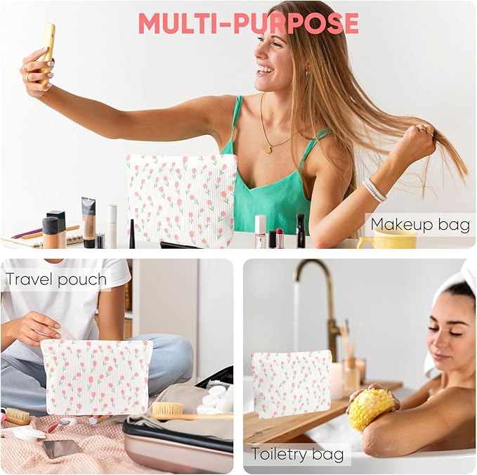 Cute Floral Makeup Pouch for Women Small Make Up Bag for Purse Zipper Initial Makeup Cosmetic Bags Pouches for Purse Aesthetic Travel Toiletry Bags, Pink Rose
