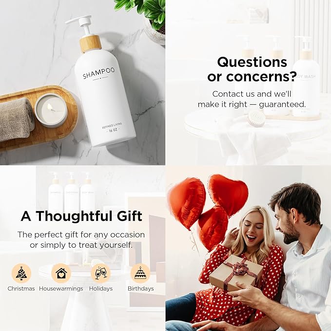 Shampoo and Conditioner Dispenser Set,Shower Soap Dispenser for Bathroom,Refillable Shampoo and Conditioner Bottles with Bamboo Pump and Tray,Soap Dispenser Bathroom for Shower (White, 3-Pack)