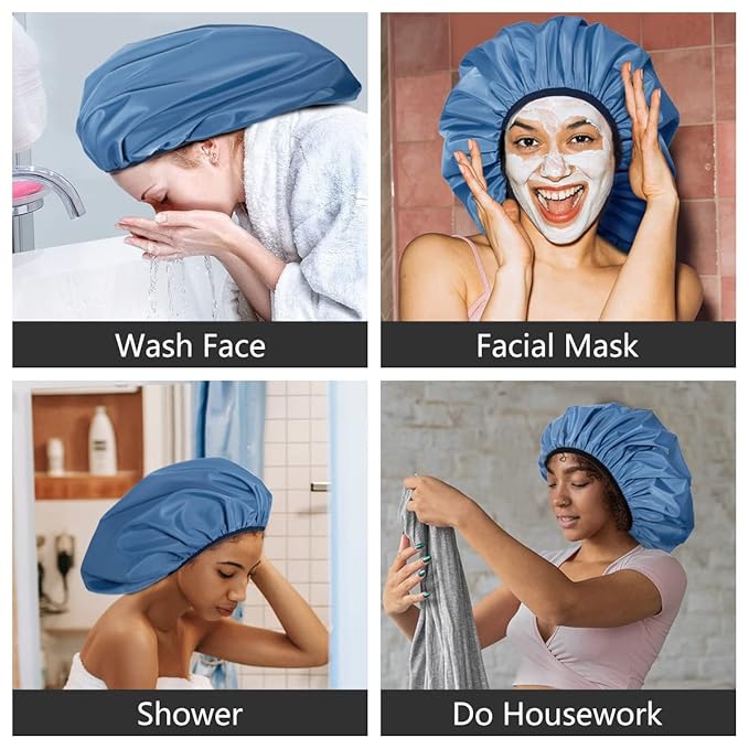 Auban Extra Large Shower Cap, Double-Layer Waterproof Reusable Satin Lining XL Shower Bonnet for Women Long Hair, Braids, Locs, perms