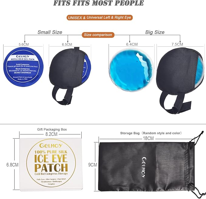 Cooling Eye Patches for Puffy Eyes, Pure Silk Ice Eye Patch, Single Eye Mask, Medical One Eye Cover Cold Hot Therapy Strabismus Lazy Eyes After Surgery Adult Kid Pirate Eyepatch (Black & Black)