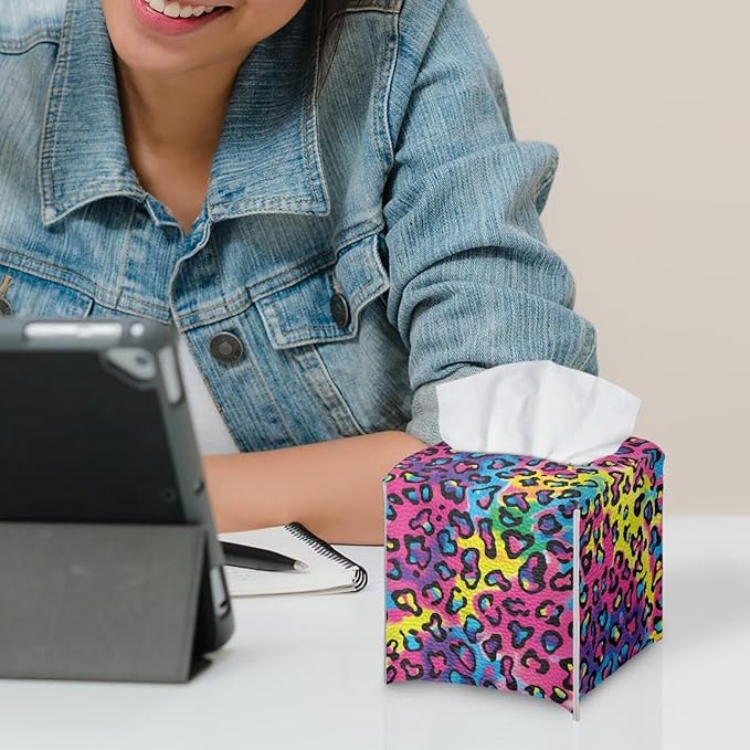 Rainbow Leopard Tissue Box Holder Waterproof PU Leather Square Tissue Box Cover Organizer with Metal Button Napkin Case for Home Office Car