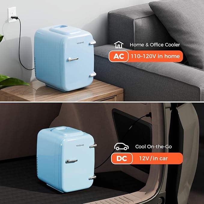Mini Fridge, 4 Liter/6 Can Mini Makeup Fridge, 110V AC/ 12V DC Portable Thermoelectric Cooler&Warmer for Skincare, Drink, Cosmetic, Medicine, Small fridge for Bedroom, Office, Dorm, Car, Blue