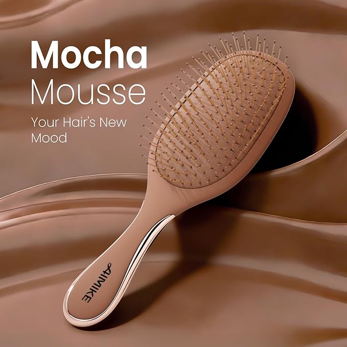 AIMIKE Mocha Mousse Detangler Brush, Pain-Free Detangling Brush with Ultra-Soft FlexGlide Bristles, Effortlessly Remove Knots & Reduce Hair Breakage, Wet Dry Paddle Brush for Women Thin Fine Hair